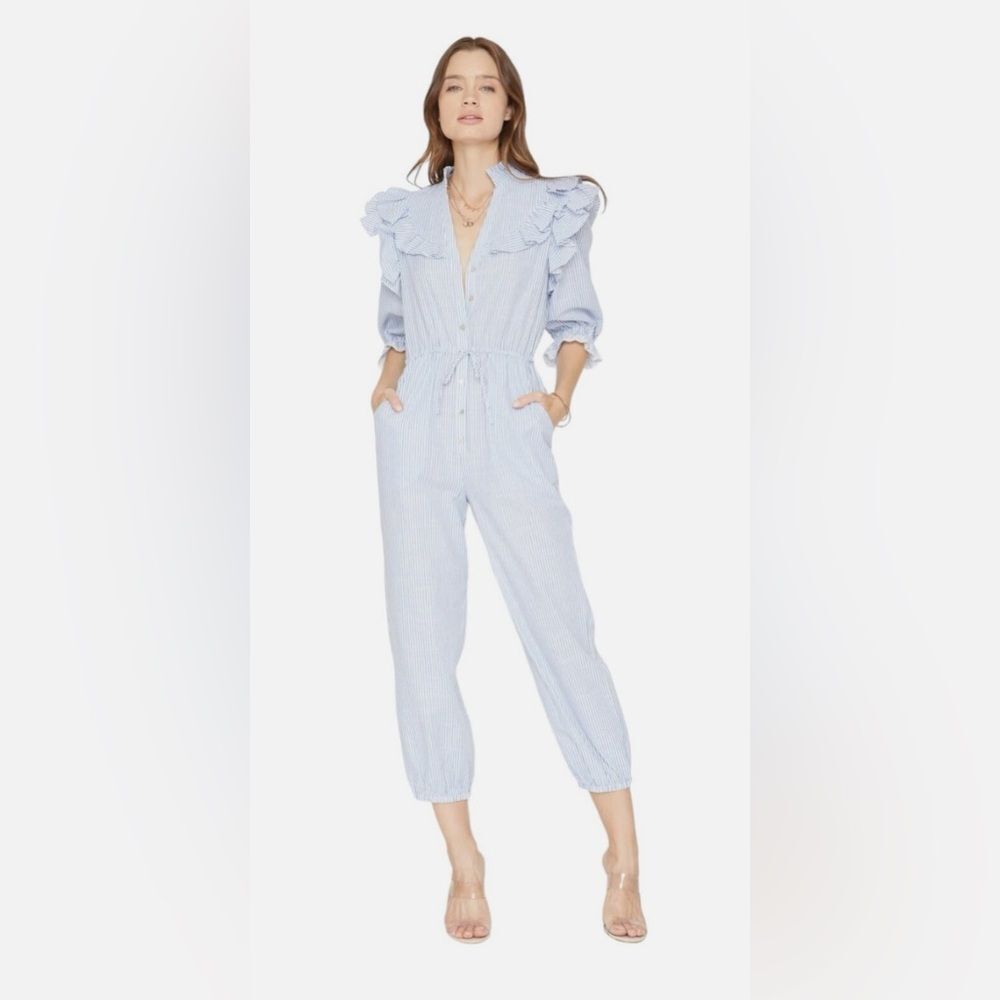 NWOT Caballero Casidy Jumpsuit Blue White Eyelet Ruffles Size S